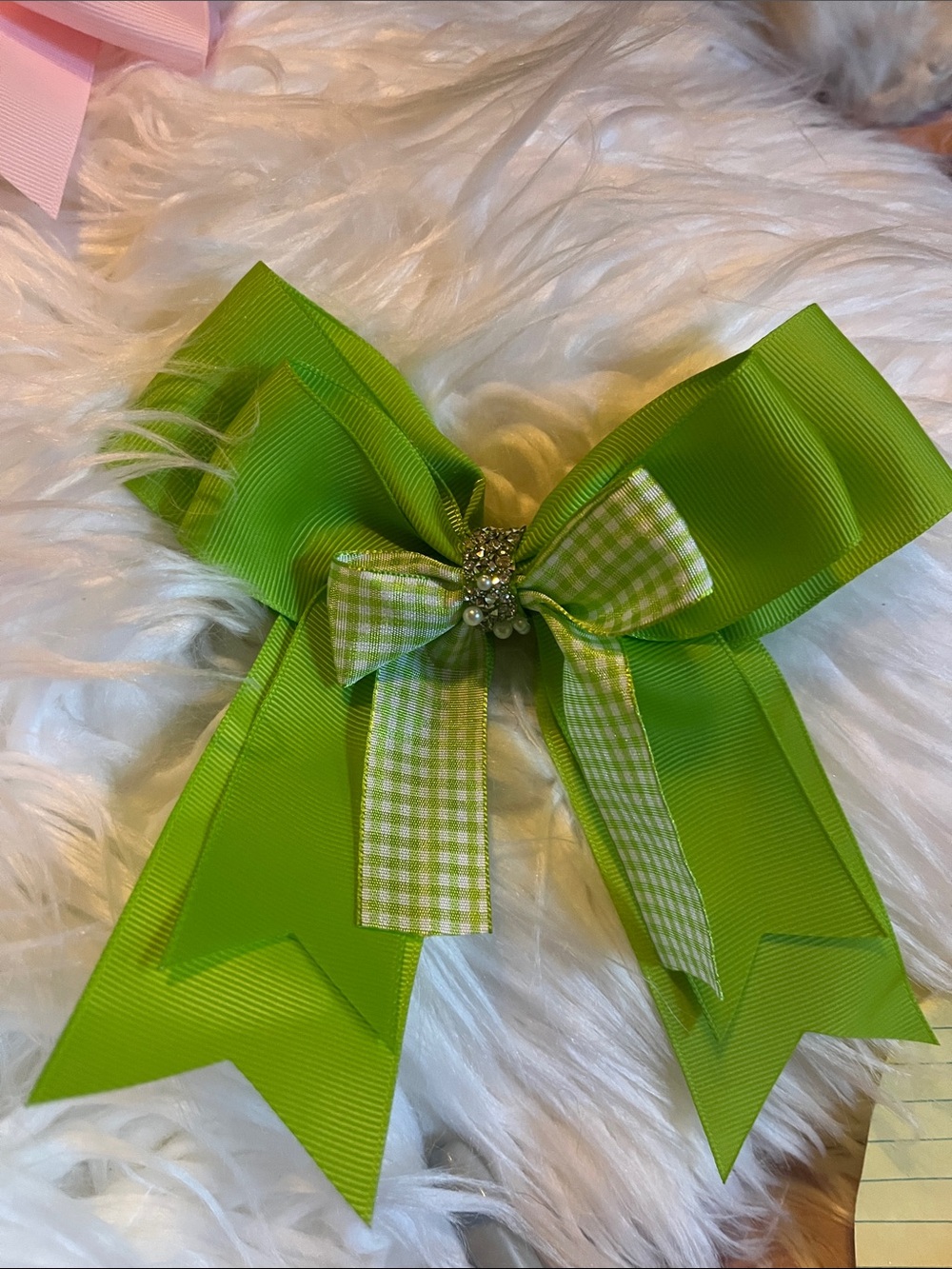 Green Boutique Hair Bow with Gingham Accent
